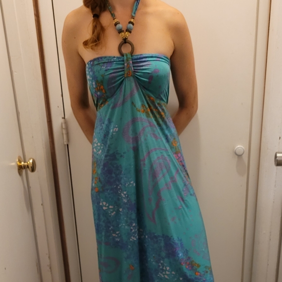 Halter maxi dress- Teel Medium. Beads. - Picture 6 of 7